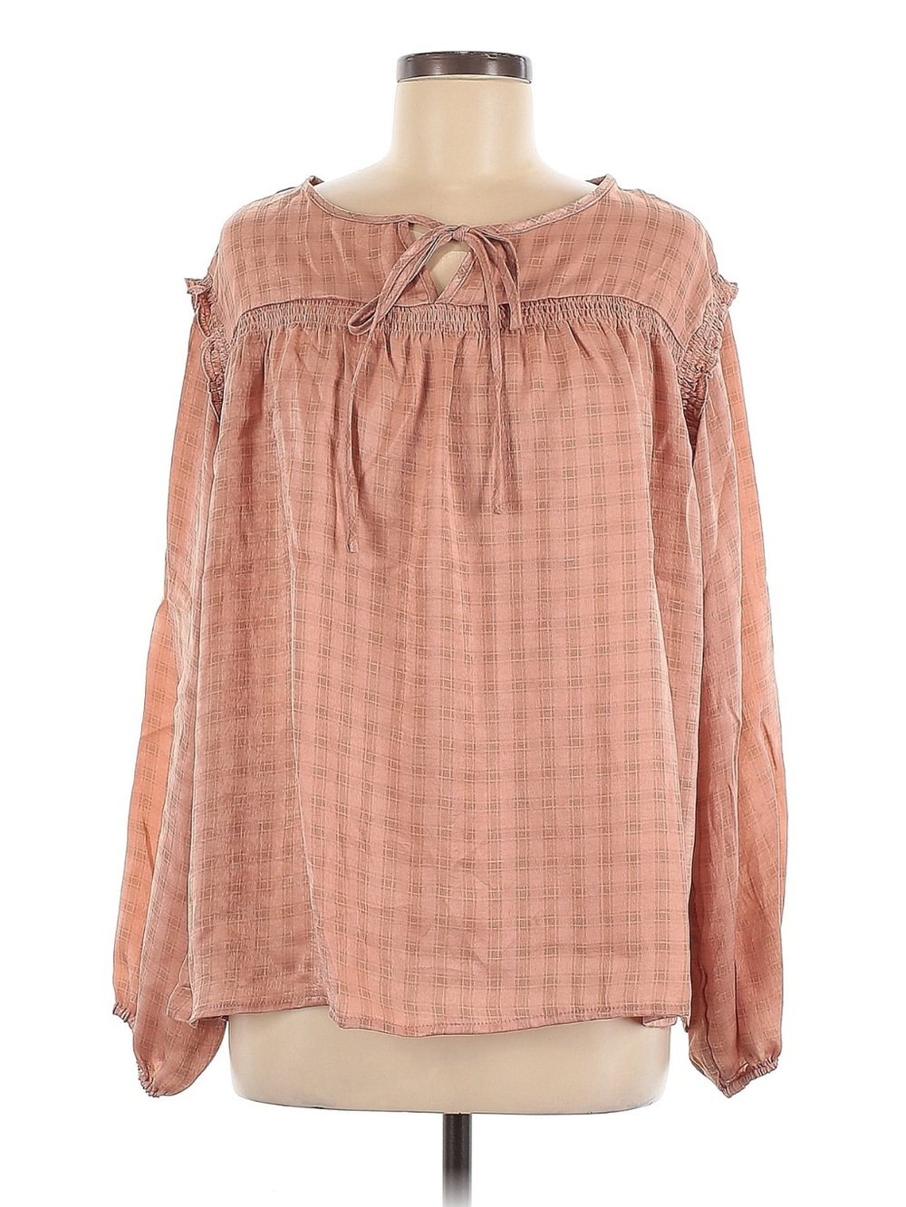 NWT: Easel Lightweight Dusty Rose Ruffle Detail Tie Neck Peasant Babydoll Blouse